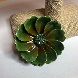 Green Flower Brooch with Brown Accents and Rhinestone Center Vintage
