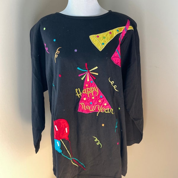 Black New Years Eve Vintage Shirt with Shoulder Pads Party Hats Balloons and Confetti Signed Victoria Jones