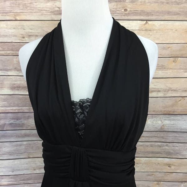 Little Black Dress Hi Lo with Lace Flowing Black Dress from 1980s with Open Back and Plunging Neckline