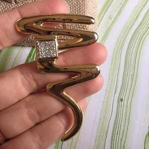 Gold Toned Metal Square Rhinestone Brooch Pendant - Abstract Squiggle Design - Snake Brooch - 1980s Park Lane Jewelry