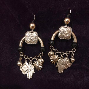 Hamsa Hand Earrings Silver Toned Metal Hand of Miriam Vintage Religious Star of David