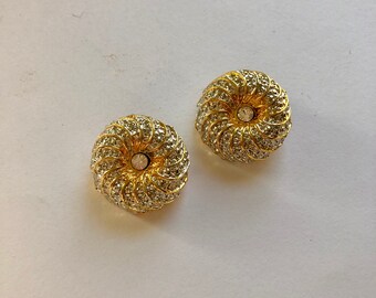 Vintage Silver-Toned and Gold-toned Earrings Round Ice Rhinestone Swirl 1980s Costume Jewelry