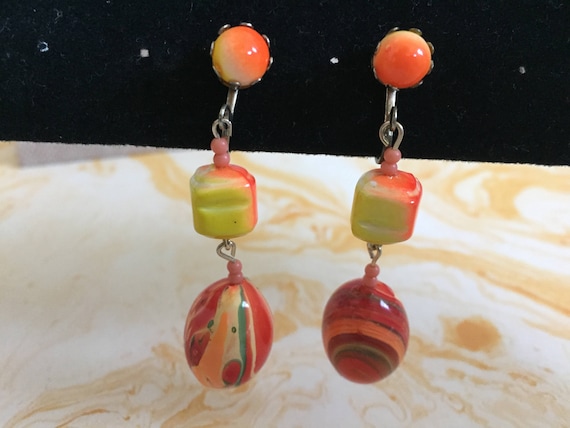 Vintage Dangle Earrings 1970s with Yellow, Orange… - image 3