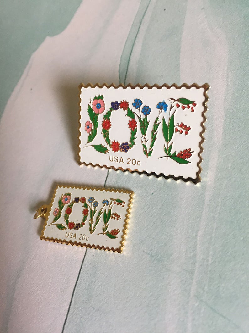 Love Stamp Pin Floral Love Stamp Love Stamp Pendant Love Stamp Jewelry Set Postal Stamp Jewelry Vintage Postage Stamp Necklace
