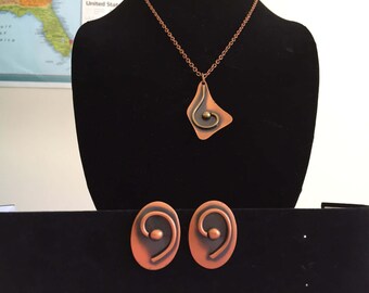Genuine Copper Necklace and Clip On Earring Set - Textured Link Chain with Foldover Clasp - 1950s