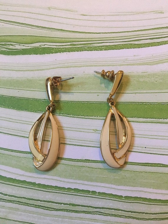 Gold Toned Metal Earrings with White Enamel - Sig… - image 3