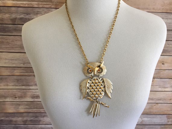 Gold Toned Metal White Enamel Owl Necklace - Ambe… - image 4