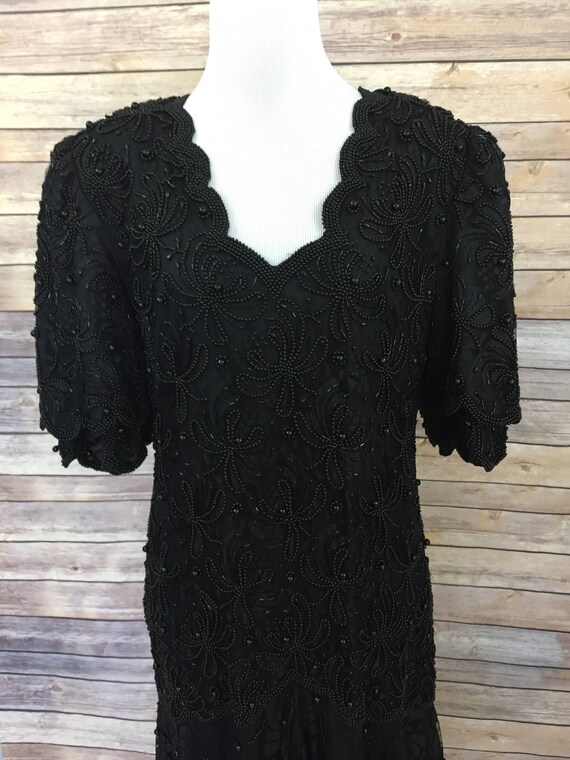 Black Lace Beaded Dress - Vintage Laurence Kazar New York Black formal Beaded Dress - Scalloped Neckline Floral Design