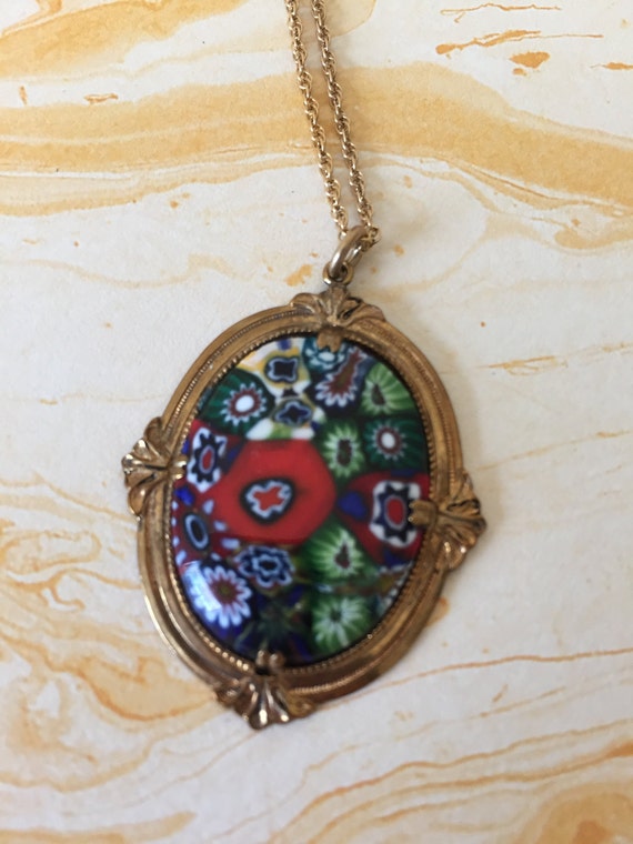 Millefiori Pendant Necklace in Gold Toned Metal S… - image 5