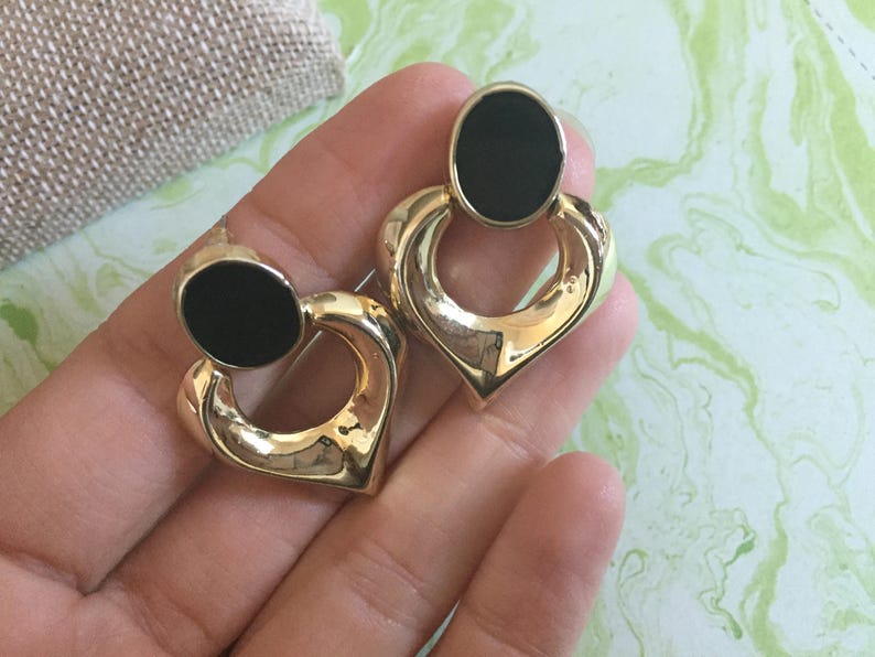 Black And Gold Toned Metal Door Knocker Earrings Mid Century Etsy