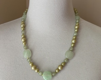 Green Glass Bead Necklace with Alternating Satin Finish, Glass Stone and Pale Green Beads