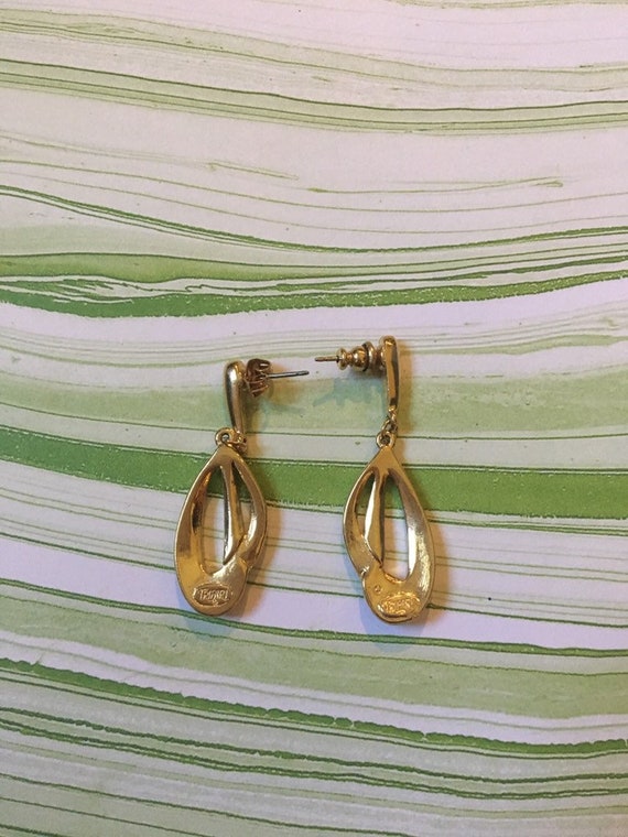 Gold Toned Metal Earrings with White Enamel - Sig… - image 5
