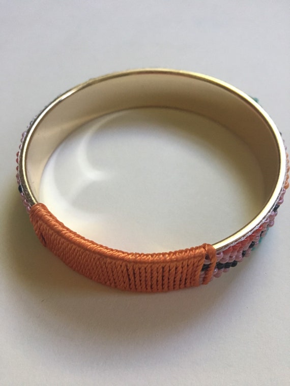 Artisan Seed Bead Bangle Bracelet with Gold Toned… - image 8