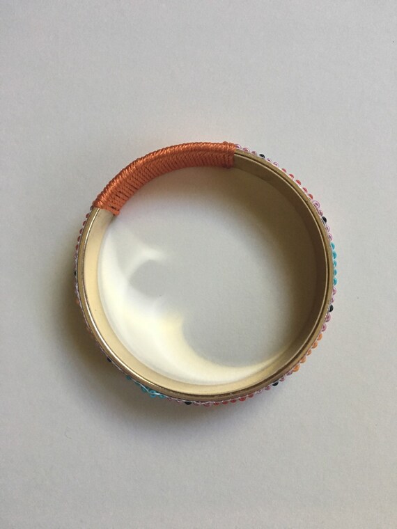 Artisan Seed Bead Bangle Bracelet with Gold Toned… - image 4