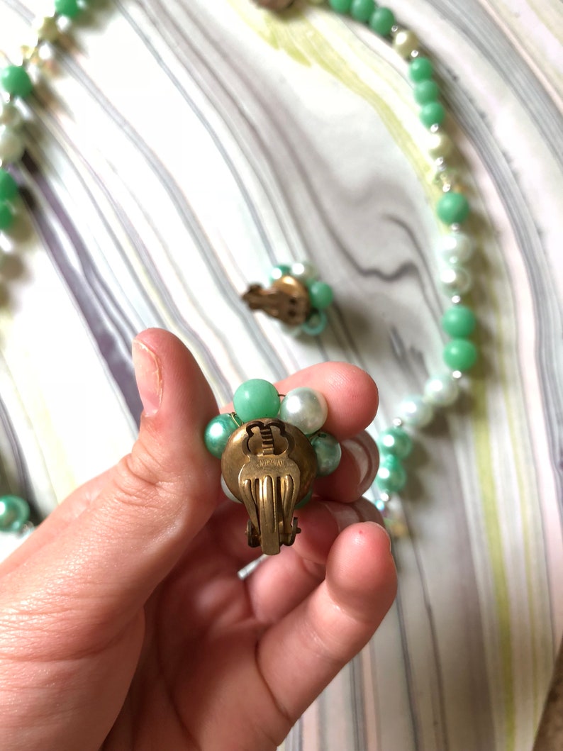 Beaded Art Glass Light Green Opalescent Pearlescent and Green Aurora Borealis Beads Necklace Cluster Beaded Clip On Earrings 1940s 1950s