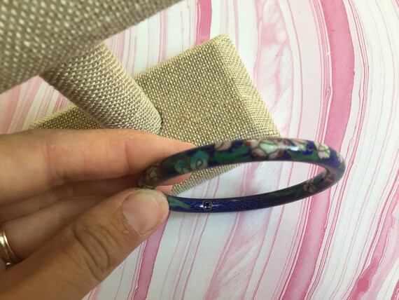 Navy Blue with Pink Flowers Cloisonne Bangle Brac… - image 2