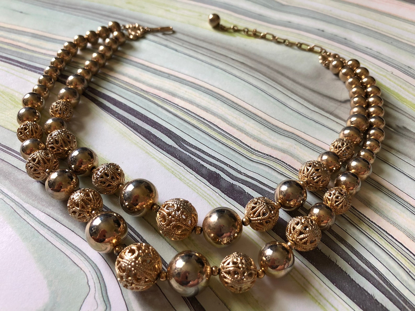 Gold Toned Metal Ball Bead Necklace With Metallic Gold Round Etsy