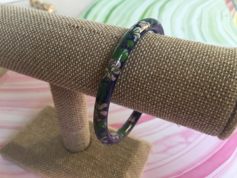 Blue with Green leaves Gold Trim and Aqua Floral Navy Blue with Pink Flowers Cloisonne Bangle Bracelet Vintage Asian Inspired Jewelry