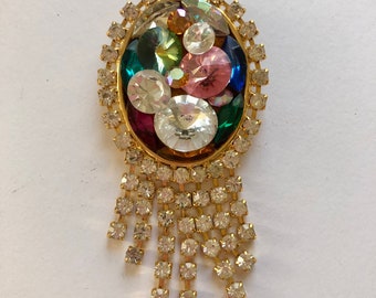 Vintage Gold Toned Brooch With Multicolored and Clear Rhinestones Costume Jewelry 1980s Brand is The Icing - Offered by 4SweetK