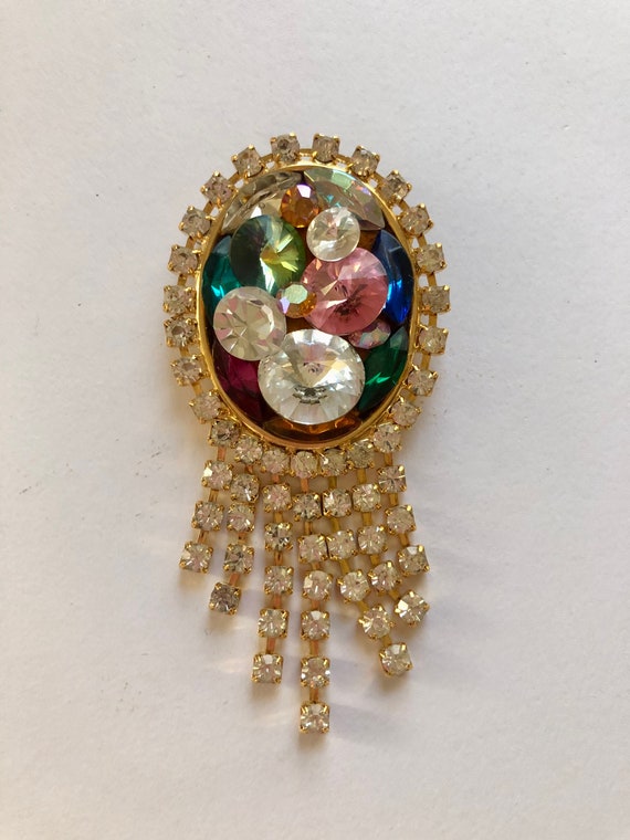 Broche Vintage Années 80 Métal Doré Avec Cabochons Et Strass Multicolores