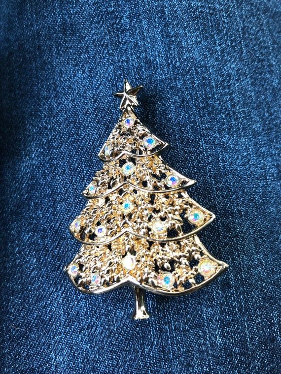 Rhinestone Christmas Tree Brooch with Iridescent S