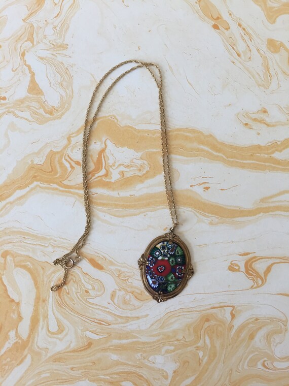 Millefiori Pendant Necklace in Gold Toned Metal S… - image 4