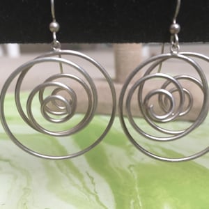 Silver Toned Metal Spiral Dangling Earrings - Vintage Pierced Earrings - Swirled Design