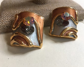 Rectangle Abstract Artisan Chunky 1980s Clip on Earrings Gold, Copper, Silver & Lots of Sparkle