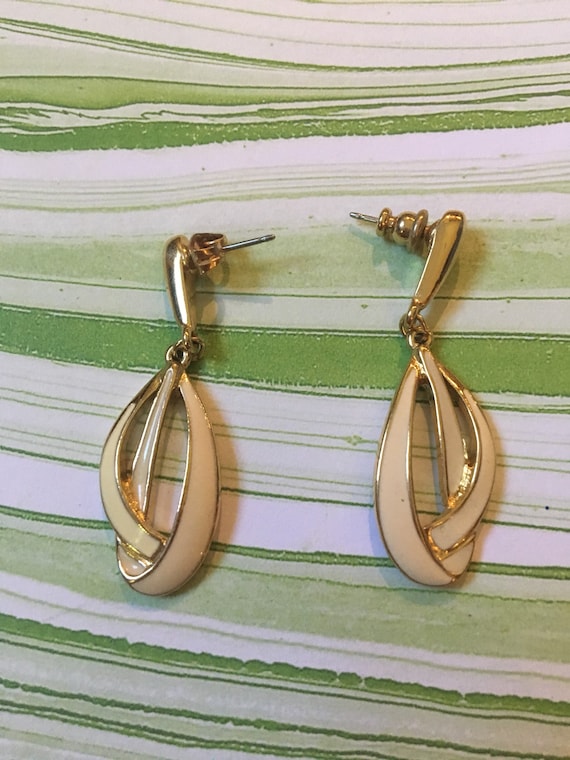 Gold Toned Metal Earrings with White Enamel - Sig… - image 8