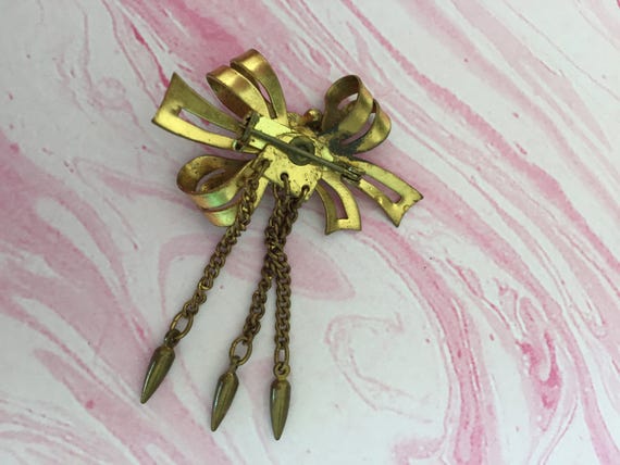 Gold Toned Metal Bow Brooch with Round Aqua and C… - image 5