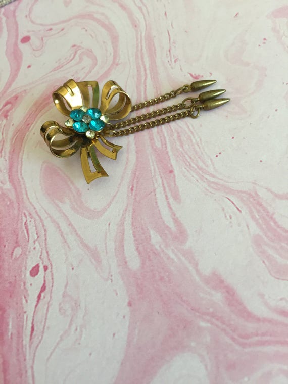 Gold Toned Metal Bow Brooch with Round Aqua and C… - image 2