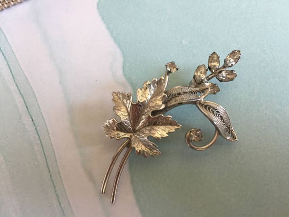 Sterling Silver Leaf Brooch with Ice Colored Marq… - image 2