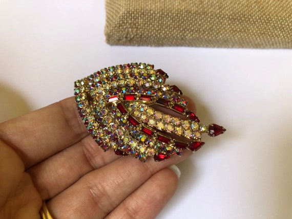 Aurora Borealis Brooch Red Rhinestone Gold Toned … - image 5