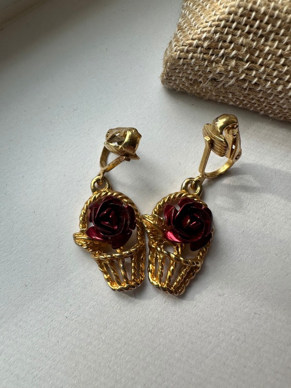 Red Rose in Basket Dangle Earrings with Gold Tone… - image 1
