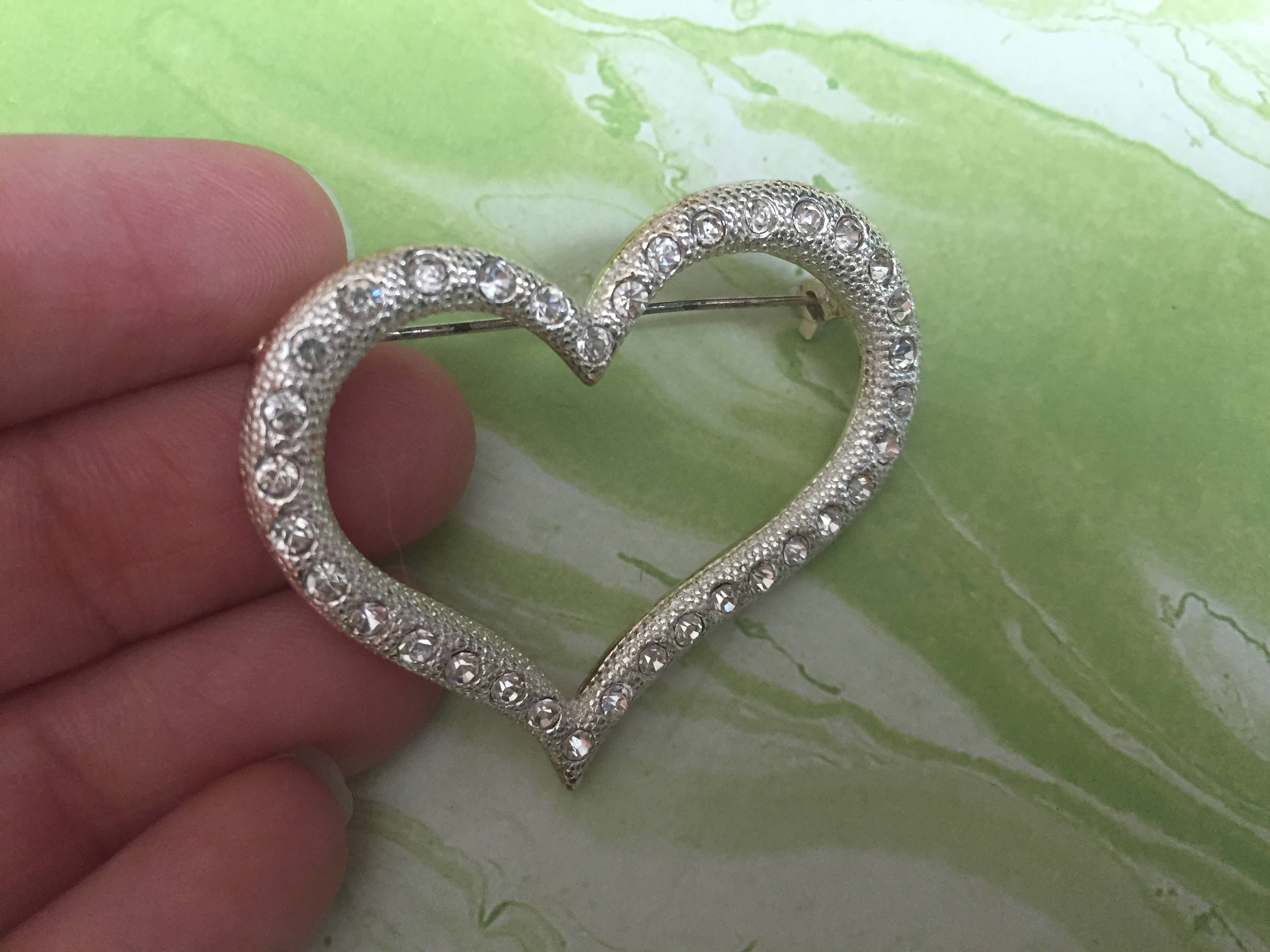 Silver Rhinestone Heart Silver Toned Metal Sparkling Heart Brooch - Vintage Rhinestone Brooch ...