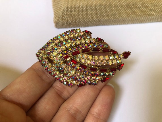 Aurora Borealis Brooch Red Rhinestone Gold Toned … - image 3