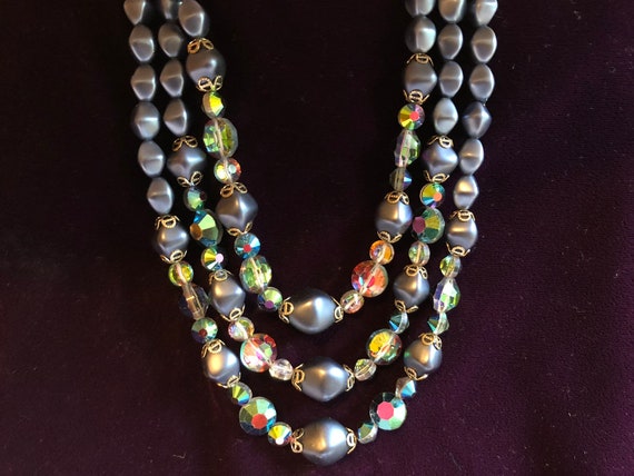 Beaded Art Glass Light Green Opalescent Pearlescent and Green Aurora Borealis Beads Necklace Cluster Beaded Clip On Earrings 1940s 1950s