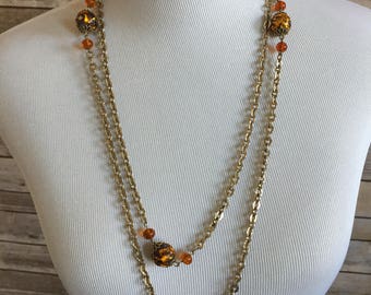 Orange Brown Colored Art Glass Beaded Pullover Necklace Gold Toned Metal Foiled Beads - Signed Coro - Long Vintage Necklace  Foldover Clasp