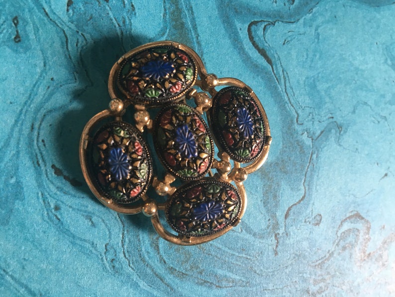 Sarah Cov Mosaic Cabochon Brooch Vintage Sarah Coventry Mauve, Green Blue Oval Brooch image 1