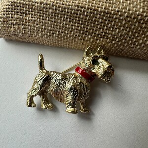 Gold Dog Brooch with Emerald Eyes and Red Collar Signed Gerry&#39;s