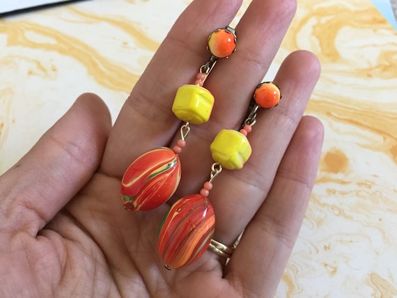 Vintage Dangle Earrings 1970s with Yellow, Orange… - image 1