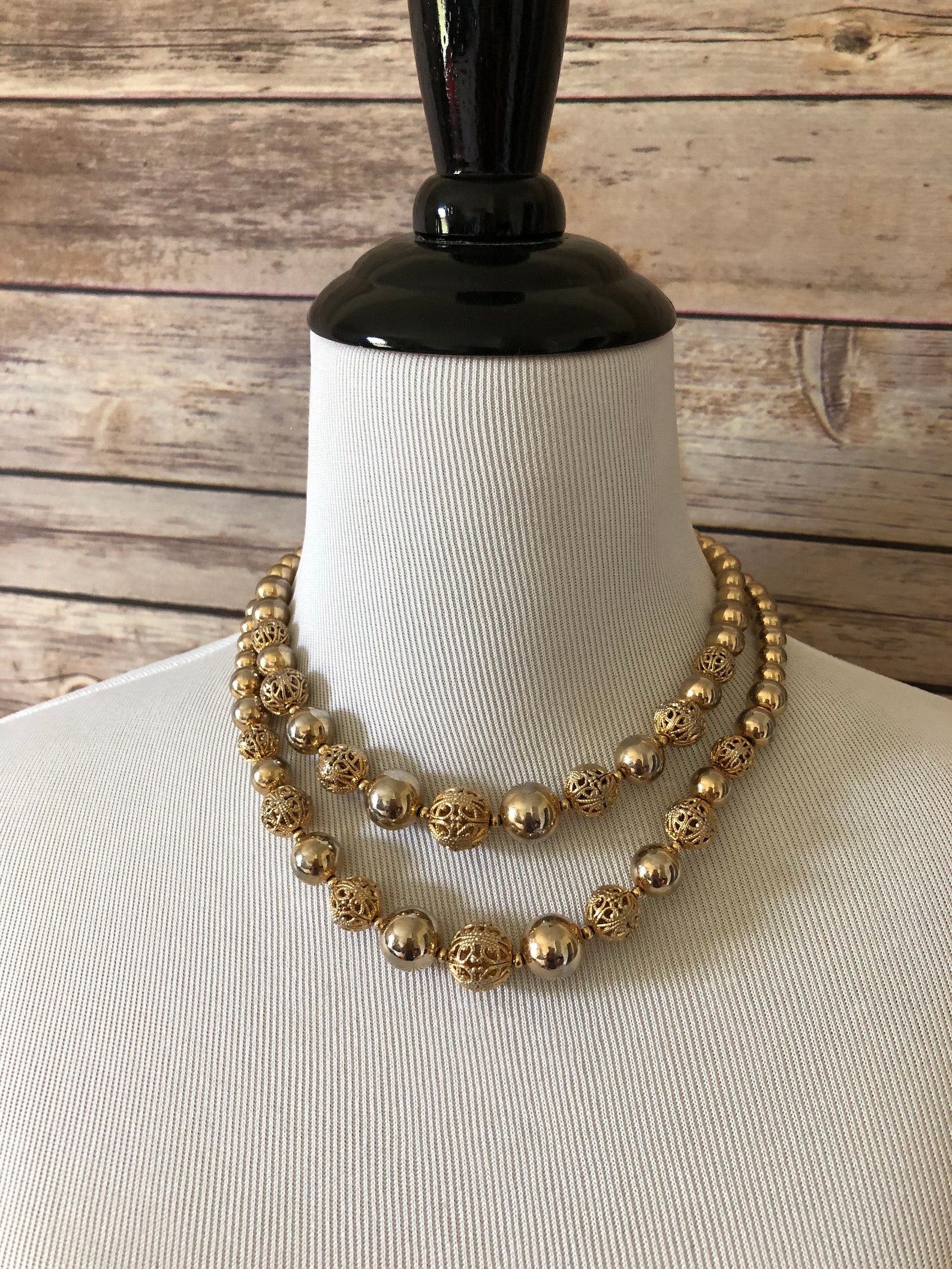 Gold Toned Metal Ball Bead Necklace With Metallic Gold Round Etsy