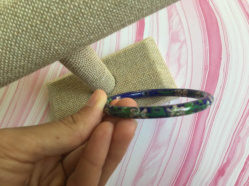Blue with Green leaves Gold Trim and Aqua Floral Navy Blue with Pink Flowers Cloisonne Bangle Bracelet Vintage Asian Inspired Jewelry