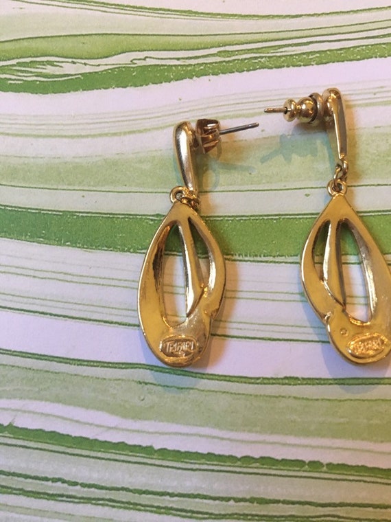 Gold Toned Metal Earrings with White Enamel - Sig… - image 2