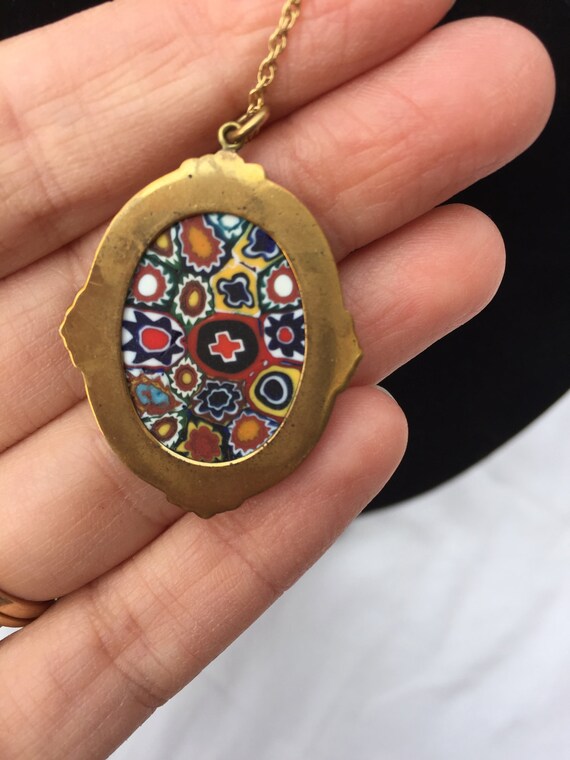Millefiori Pendant Necklace in Gold Toned Metal S… - image 2