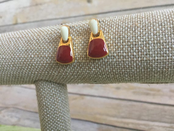 Gold Toned Metal with Red and White Enamel Earrings - Vintage 1980s Earrings - Pierced Earrings - Holiday Jewelry - Signed Monet
