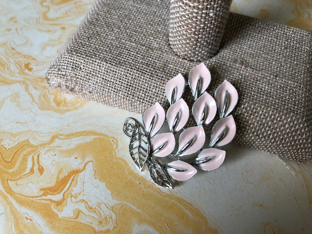 Lisner Leaf Brooch Silver Pink Enamel Leaf Floral Brooch Lily