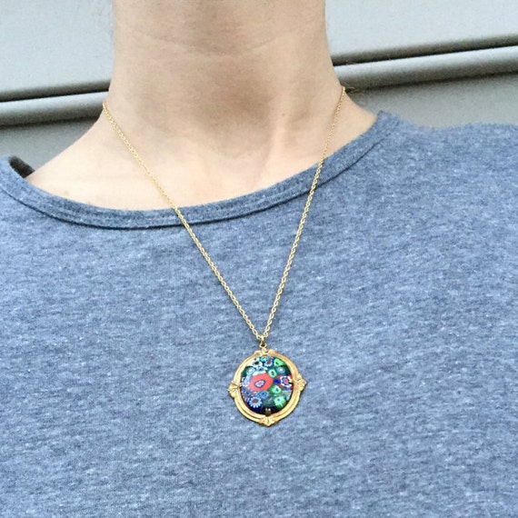 Millefiori Pendant Necklace in Gold Toned Metal S… - image 3