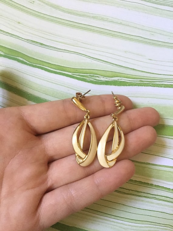 Gold Toned Metal Earrings with White Enamel - Sig… - image 1