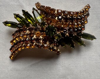 Vintage Orange & Olive Rhinestone Brooch – Mid-Century Sparkle, Elegant Fall Jewelry, Retro Costume Jewelry Gift - Possibly Weiss